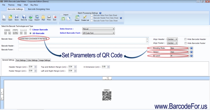 Choose QR Code Parameters with encoding mode and versions