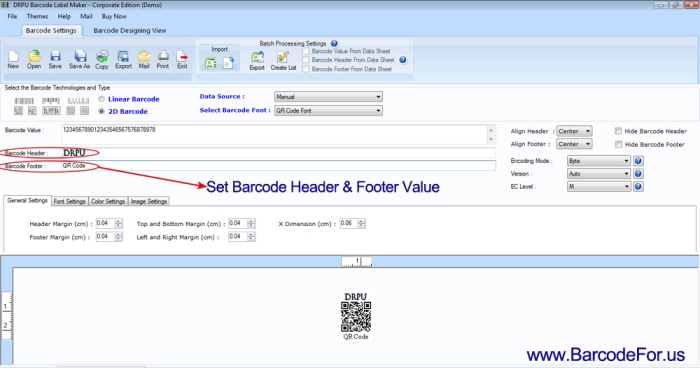 Set Barcode Header and Footer Value